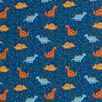 Baumwolljersey Dinosaurier gelb/orange auf Blau